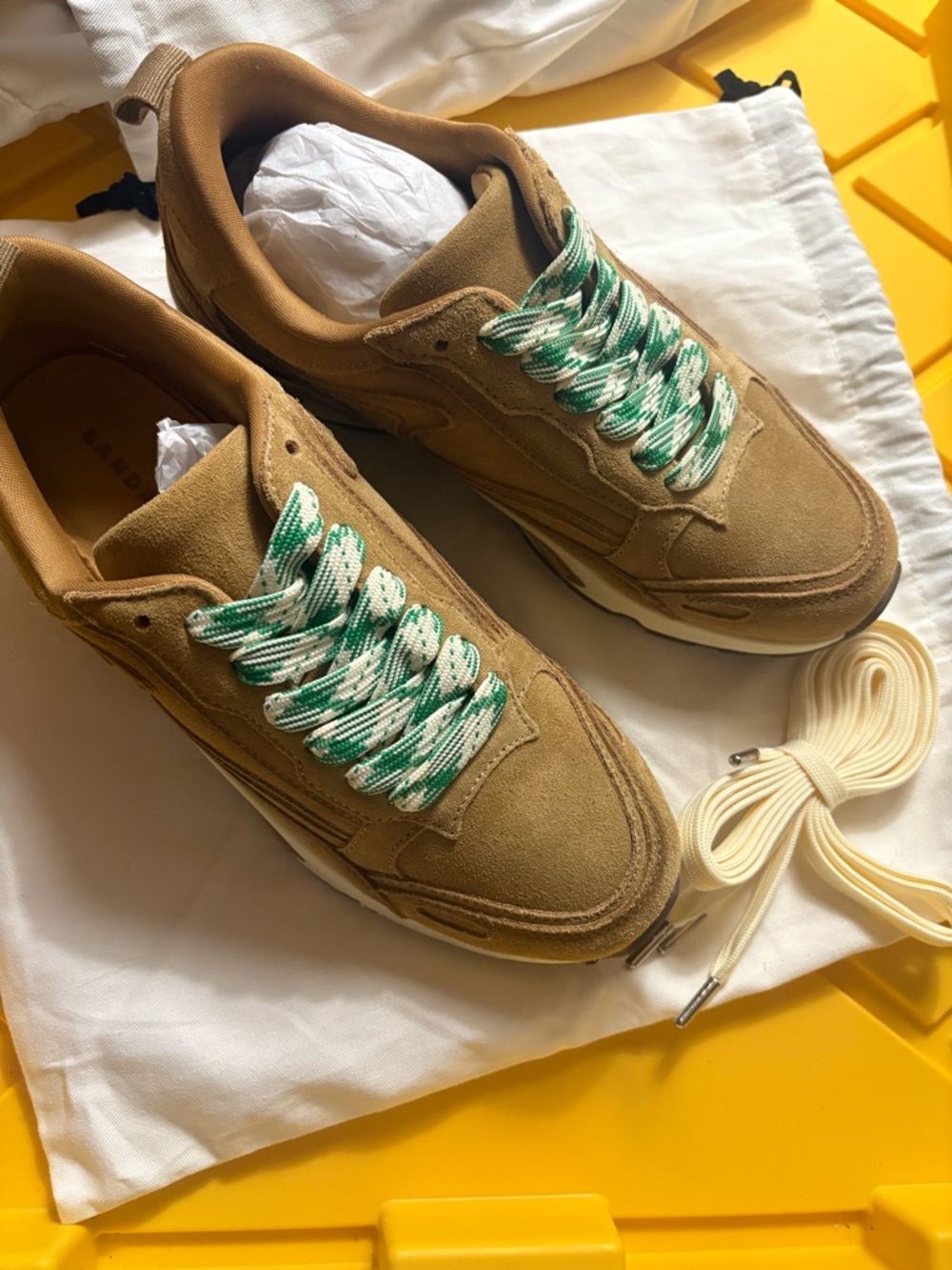 Sandro Men's Suede Sneakers in Brown with Green-White Laces